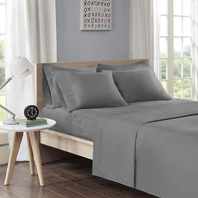 Intelligent Design Microfiber Bed Sheet Set with Side Pocket, Wrinkle Resistant, Soft Feel, Elastic 16" Deep Pocket, Modern All Season Cozy Bedding, Matching Pillow Case, Queen, Charcoal 6 Piece
