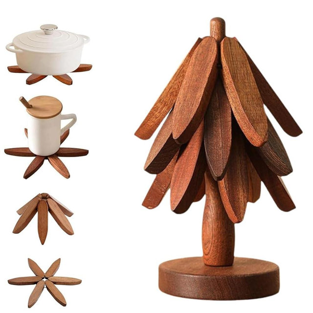 3/4/5PCS Natural Tree Trivet Set & 1 Stand Like A Christmas Tree, Heat Resistant Hot Pads for Dishes & Cookware, Protects Countertop, Foldable Wooden Trivets, Elegant Kitchen Table Decor (3PCS-A)