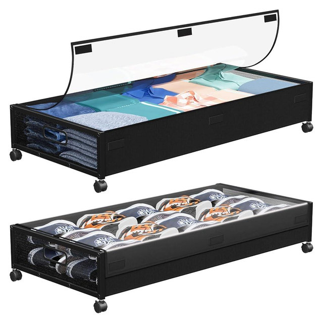 Futego Under Bed Storage with Wheels,2 Pack Under Bed Storage Containers with Clear Lids,Under the bed storage Organizer Bins, Large Rolling Under Bed Metal Drawer for Clothes,Shoes,Blankets