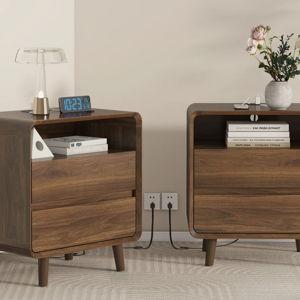 Angela Nightstand with Open Shelf & 2 Drawers, Modern Walnut Design, 23.7"W x 15.8"D x 25"H - Walnut, Set of 2