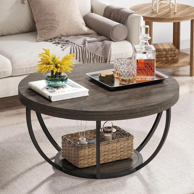 Tribesigns Round Coffee Table, Industrial 2-Tier Circle Coffee Table with Storage Shelves, Modern 31.7" Wooden Accent Center Table for Living Room, Home Office, Grey