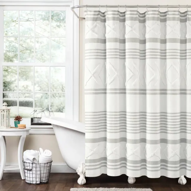 72"x72" Urban Diamond Striped Woven Tufted Eco Friendly Recycled Cotton Shower Curtain Gray - Lush Décor: Bathroom Accessory