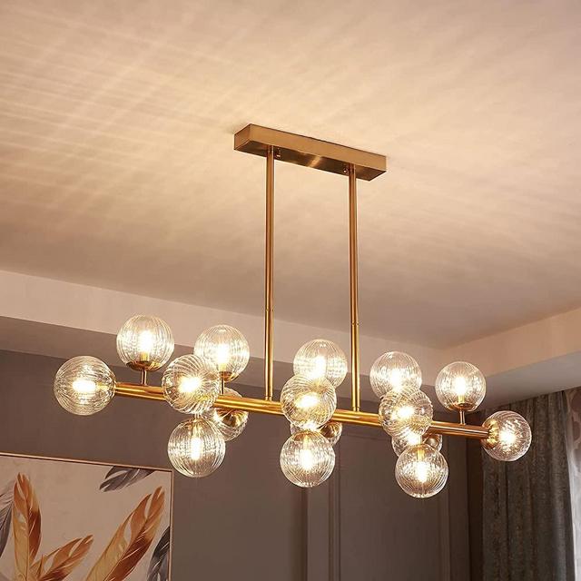 MOOONI 16 Lights Modern Rectangle Chandelier Gold Pendant Ceiling Light Fixture Clear Glass Shades Gold Chandeliers for Dining Room Kitchen Island