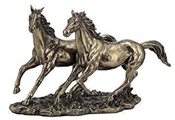 11 Inch Cold Cast Bronze Color Sprinting Horses Figurine Statue Decor