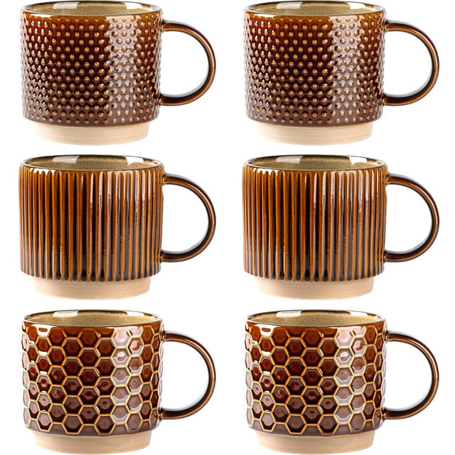 GBhome 12 OZ Stackable Coffee Mugs Set of 6, Ceramic Coffee Cups with Texture Patterns for Man,Woman,Dad,Mom, Modern Coffee Cups for Latte/Cappuccino/Cocoa. Dishwasher&Microwave Safe,Caramel