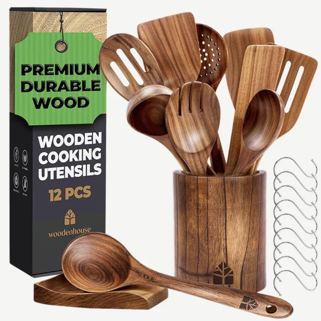 Wooden Utensils Set with Holder