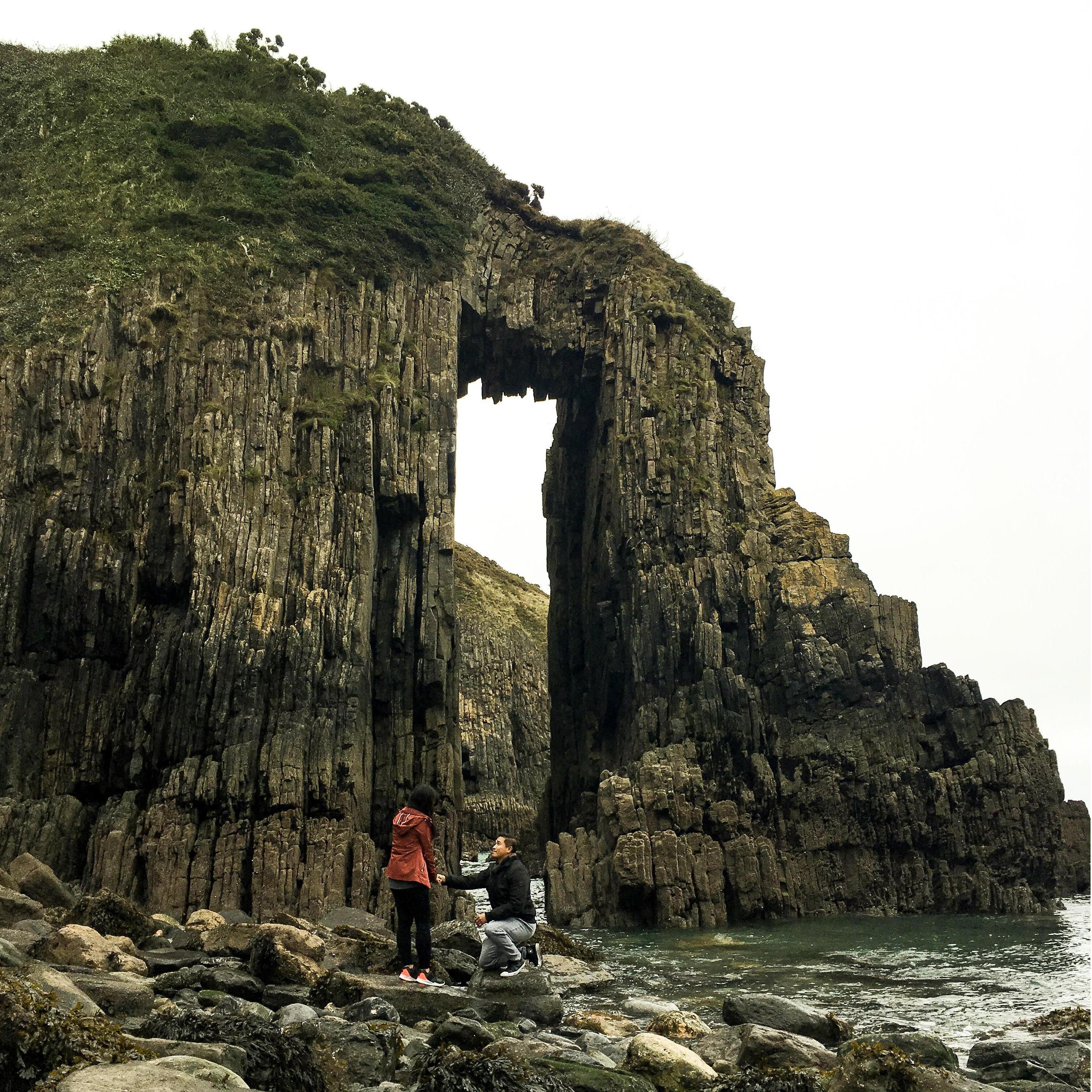 He proposed at Church Doors Cove, Wales