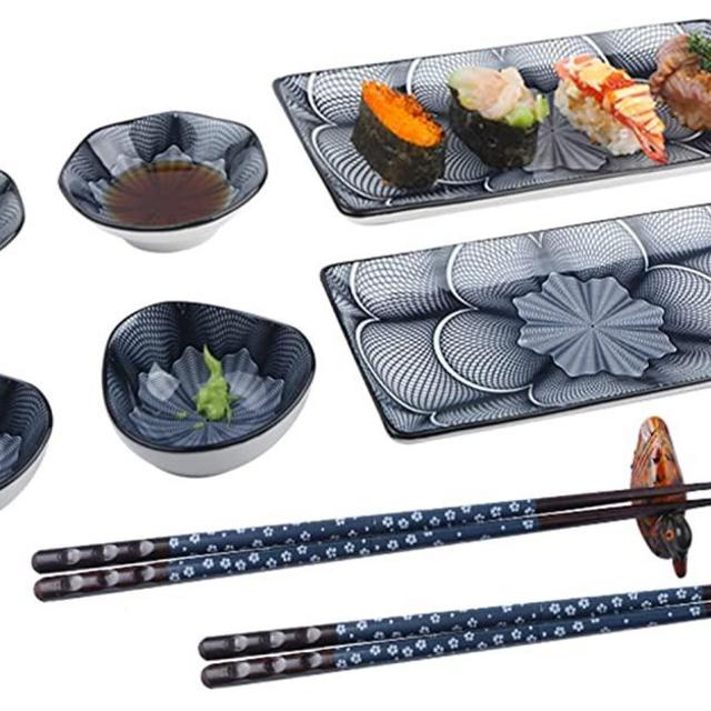 Artcome 10 Pcs Japanese Style Ceramic Sushi Plate Dinnerware Set for Wedding Housewarming - 2 Sushi Plates, 2 Sauce Dishes, 2 Snack Bowl, 2 Pairs of Chopsticks, 2 Chopsticks Holders, Dark Blue