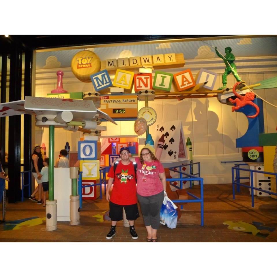 In front of the old entrance for Toy Story Mania