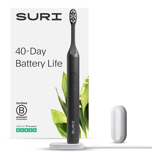 SURI Electric Toothbrush—Sustainable Electric Toothbrushes Adults, Slim Sonic Toothbrush & Accessories, 40-Day Battery, 2 Modes, Travel Toothbrush, Ideal Christmas Gifts for Women & Gifts for Men