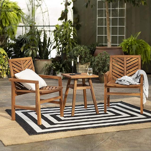 Walker Edison Outdoor Wood Chevron Patio Furniture Set Chairs Side Table All Weather Backyard Conversation Garden Poolside Balcony, 3 Piece, Brown