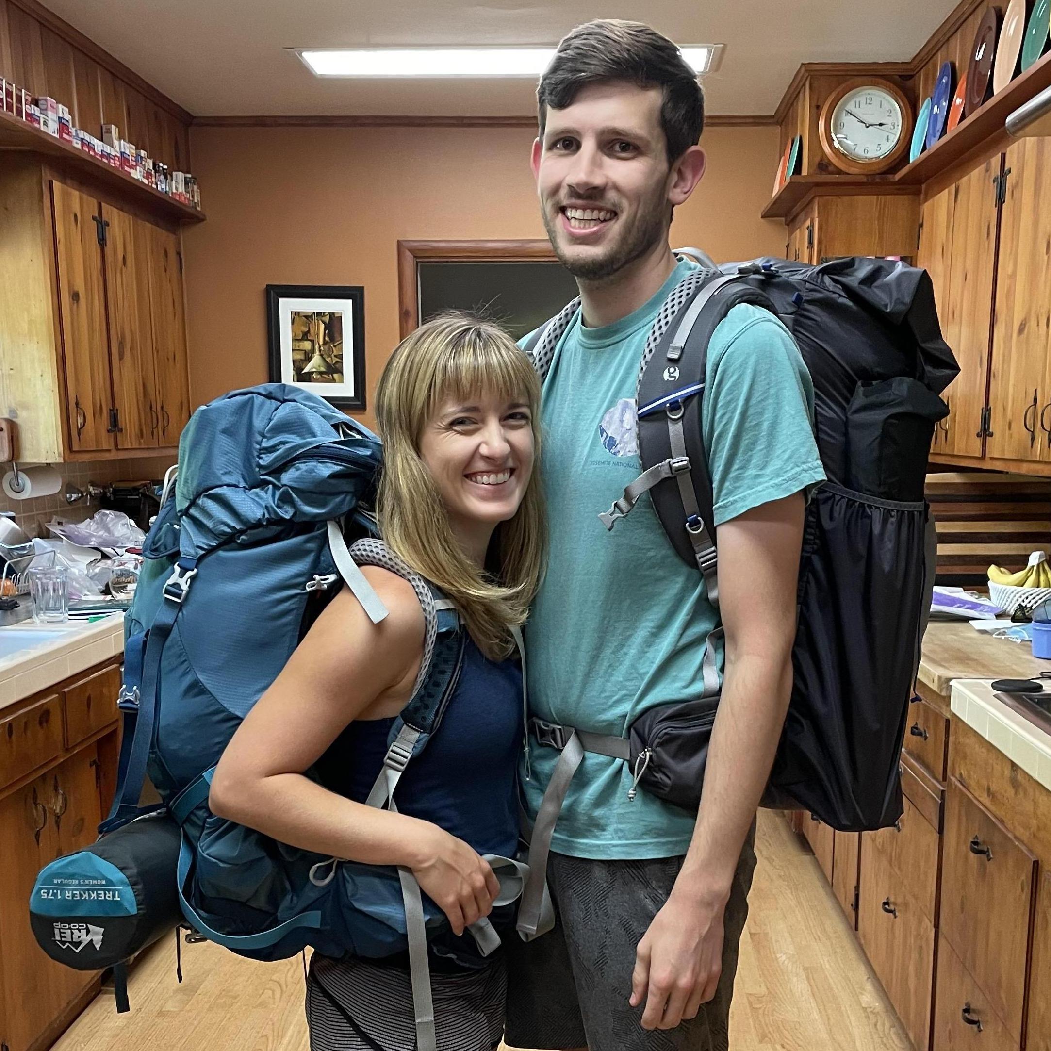 Our last picture together before we got engaged. Getting ready to backpack in Yosemite, 2021