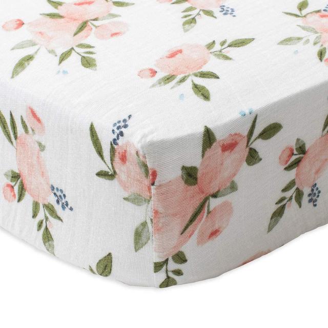 Little Unicorn – Watercolor Roses Fitted Crib Sheet | 100% Breathable Cotton Muslin | Super Soft | Machine Washable | 52” x 28” x 9”