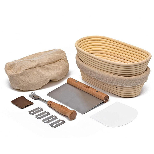 Proofing Set, by Kook, Sourdough Bread, 2 Rattan Banneton Baskets, 2 Basket Covers, Metal Scraper, Plastic Scraper, Scoring Lame, 5 Blades and Case, Oval Shape
