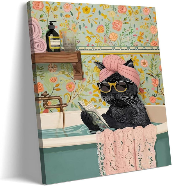 Yaneiro Funny Black Cat Bathroom Canvas Bathroom Wall Art Framed Cute Cat Prints Pictures Posters Wall Decor for Living Room Bedroom Toilet Kids Room Wall Paintings 12x16 in