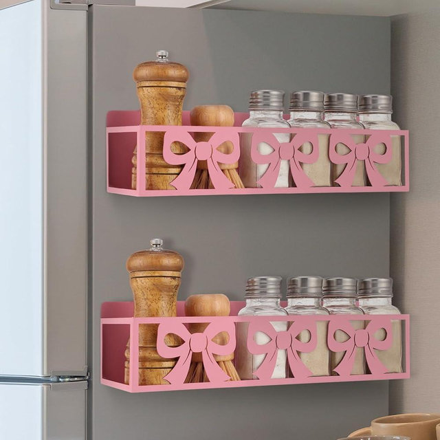 Beeveer 2 Pack Bow Magnetic Spice Rack for Refrigerator Metal Magnet Basket Shelf for Fridge Seasoning Storage Organizers Home Decor Kitchen Accessories (Pink)
