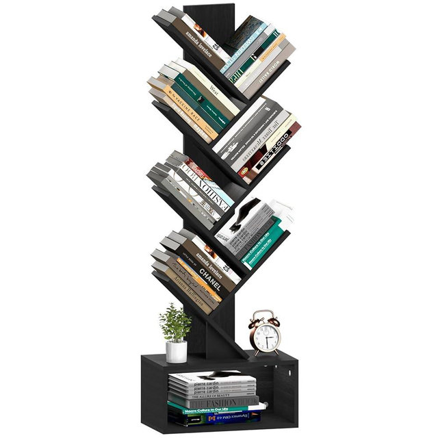 Yoobure Tree Bookshelf - 6 Shelf Retro Floor Standing Bookcase, Tall Wood Book Storage Rack for CDs/Movies/Books, Utility Book Organizer Shelves for Bedroom, Living Room, Home Office, Black