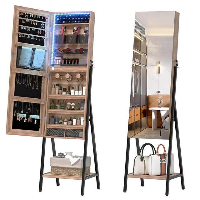 LVSOMT 3 LEDs Free standing Jewelry Cabinet with Full- Length Mirror, Lockable Jewelry Armoire Organizer, Large Floor Dressing Body Mirror with Jewelry Storage for Earrings Rings Necklace Cosmetic