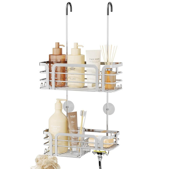 SWTYMIKI Shower Caddy Hanging Organizer - Over the Door Shower Caddy with Soap Holder, 11 Hooks, 2 Installation Ways, Stainless Steel Rustproof Bathroom Organizer, Silver