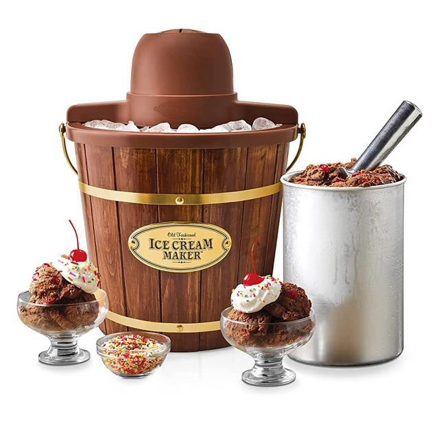 Nostalgia Electric Bucket Ice Cream Maker with Easy-Carry Handle, Makes 4-Quarts in Minutes, Frozen Yogurt, Gelato, Made from Real Wood