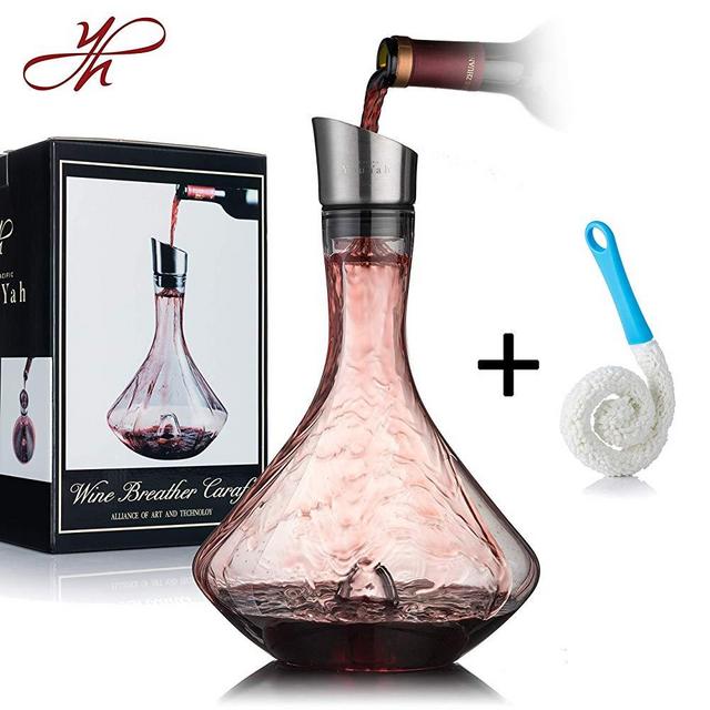 YouYah Wine Decanter,Red Wine Carafe with Built-in-Aerator, Stainless Steel Pourer Lid, Filter, 100% Hand Blown Lead-free Crystal Glass,Wine Gift(All New Packing)