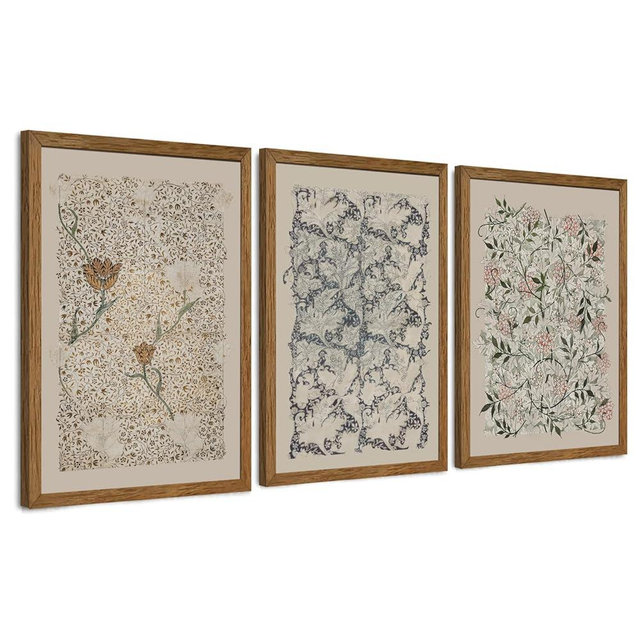 Krtoni 3PCS Framed Vintage William Morris Wall Art, Neutral Abstract Floral Canvas Artwork Prints, Rustic Boho Farmhouse Flower Botanical Picture Paintings for Living Room Bedroom Office 16W x 24H