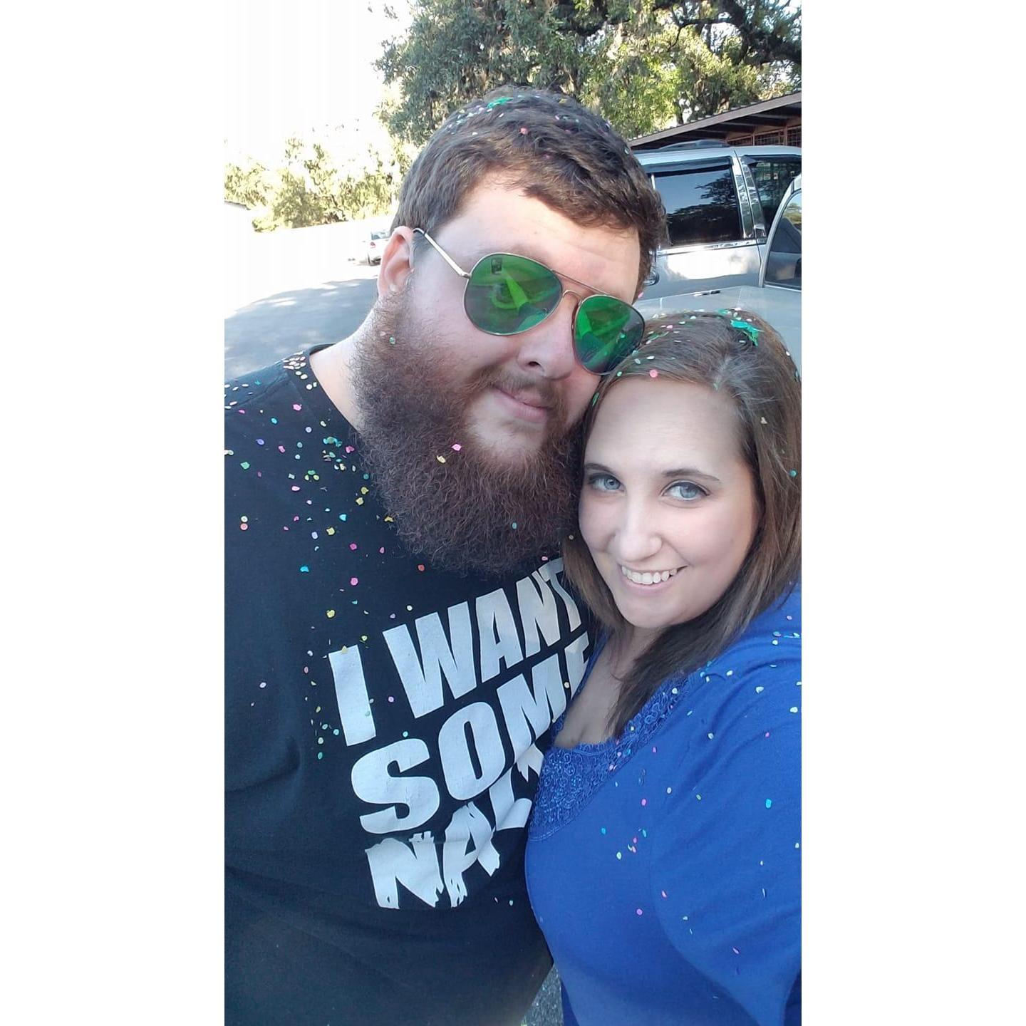This day we were hoping to go to the Fiesta Carnival, but it was too crowded, so we stopped at a parking lot by my work and celebrated there with cascarones and then went to Munchies for Fiesta food.