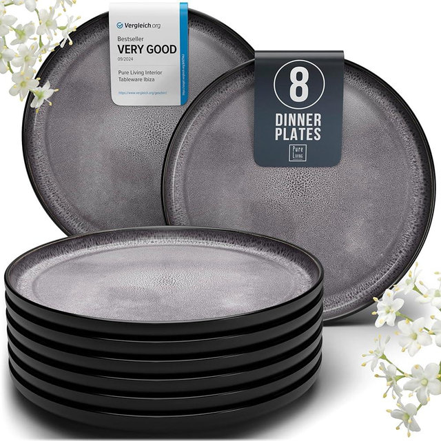 PURE LIVING INTERIOR DESIGN Dinner Plates of 8 - Stoneware plates large series - Noble dinner plates dishwasher-, microwave-, scratch-resistant - Stylish in dark gray - Tableware set 8 persons