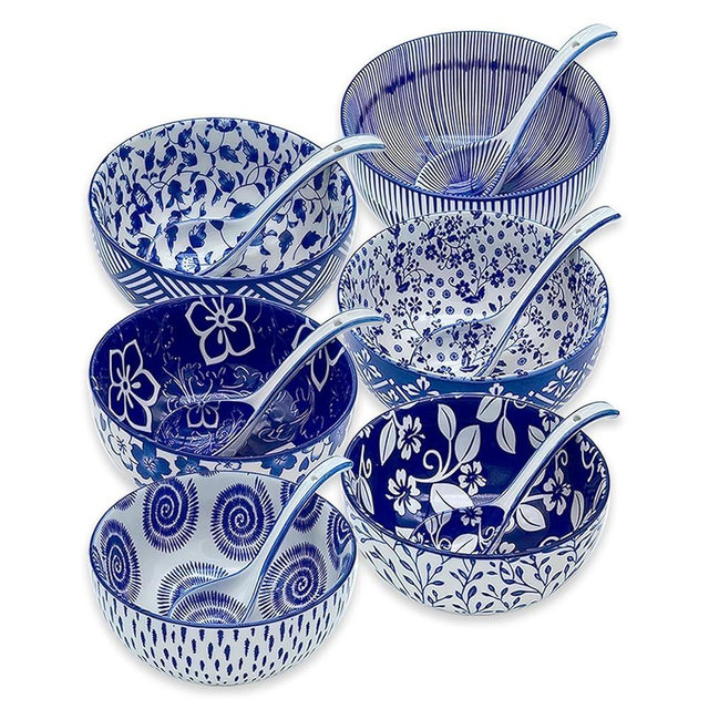 KeQiu Set of 6 Ceramic Cereal Bowls with 6 Spoons, 24 Oz Japanese Bowl Perfect for Ramen, Noodle, Soup, Cereal, Oatmeal, Fruit, Rice - Dishwasher & Microwave Safe - 6 Inch