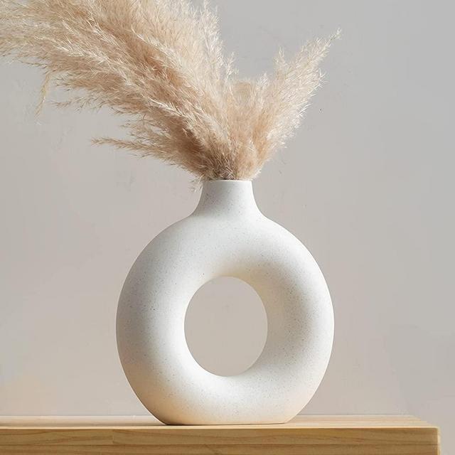 Ceramic Vases for Home Decor, Circle Vase with Hole, Donut Vase, Boho Vase, Ceramic Vase, Flower Vases Decorative, White Ceramic Vase, Pampas Grass Vase, Circular Vase, White Vase - 9 inches