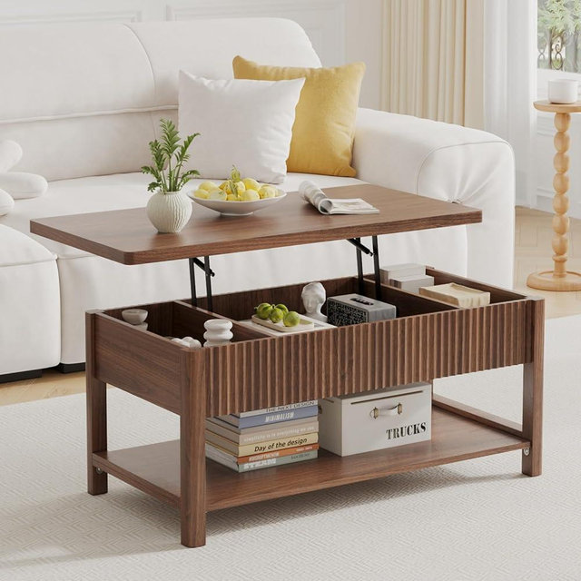 LenPiee Lift Top Coffee Table,Wooden Rectangle Coffee Table with Hidden Storage Compartment,Open Shelf,Solid Wood Legs,Suitable for Living Room,Office (B-Lift Coffee Table-Walnut)