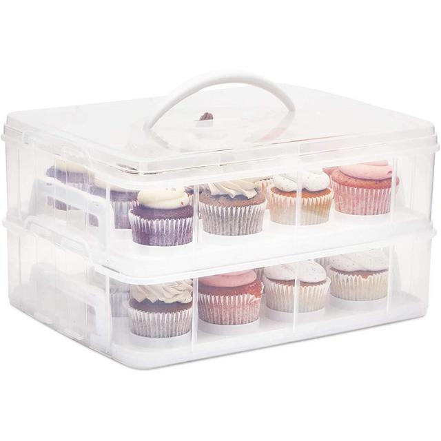 Juvale Clear Plastic 2 Tier Cupcake Carrier Storage Box Holder with Lid for 24 Cakes, 13.5x10.25x7.5 In