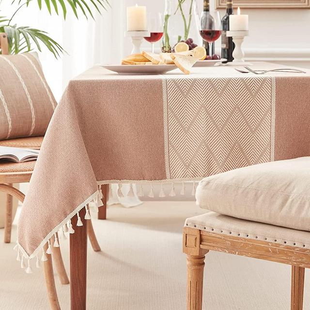 Cozyide Washable Table Cloth Rectangle Table with Tassel, Burlap Linen Boho Tablecloth, Wrinkle Free & No Fading Tablecloths Decoration for Kitchen Dining - Rectangle, 60''x70'', 4-6 Seats, Coffee