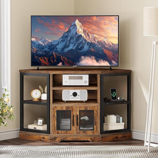 YITAHOME Corner TV Stand for TVs up to 55 Inch with Power Outlet, Modern Farmhouse Entertainment Center, Wood TV Media Console with Storage Cabinets Shelves for Living Room, Retro Brown