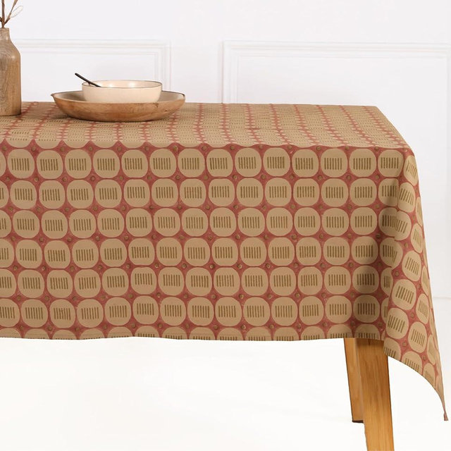 Maison De Blocs Handcrafted 100% Cotton 58x88 Inch Hand-Block Printed Rectangle Tablecloth, Washable & Durable, Perfect for Dining, Weddings, Picnics, Barbecues, and Festive Gatherings (Red Beige)