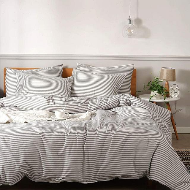 JELLYMONI 100% Natural Cotton 3pcs Striped Duvet Cover Sets,White Duvet Cover with Grey Stripes Pattern Printed Comforter Cover,with Zipper Closure & Corner Ties(Full Size)