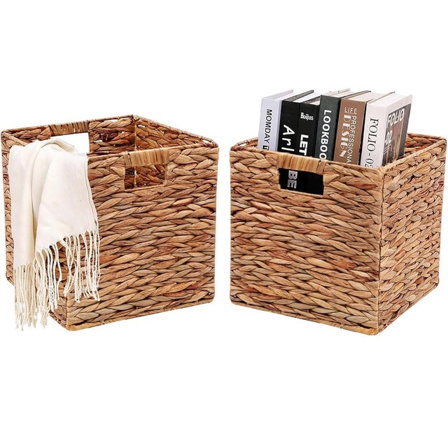 HOYCYA6 11x11in Wicker Storage Basket Set of 2 Collapsible Hyacinth Cube Storage Baskets,Storage Bins for Organizing Storage Basket with Built-in Handles