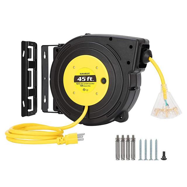 Suraielec 12 Gauge Extension Cord Reel, 45 FT Retractable Extension Cord, 12 AWG/3C SJTOW Heavy Duty Power Cord, 15 AMP Circuit Breaker, Lighted Triple Tap, Ceiling or Wall Mount, UL Listed