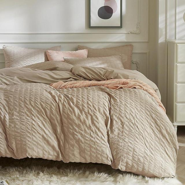 JELLYMONI Khaki Duvet Cover Cal King Size, 3pcs Washed Microfiber Bedding Set, Soft Breathable Seersucker Duvet Cover Set with Zipper Closure and Corner Ties for All Seasons