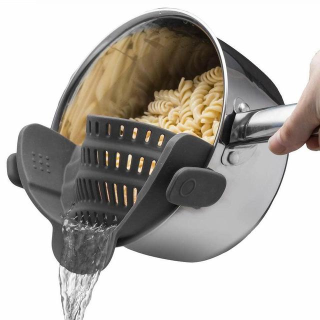 Kitchen Gizmo Snap N Strain Pot Strainer and Pasta Strainer - Adjustable Silicone Clip On Strainer for Pots, Pans, and Bowls - Gray