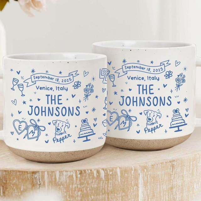 Wedding Gift, Personalized Bridal Ceramic Mug with Names, Date & Location, Married Coffee Cup for Mr and Mrs, Bride and Groom with Pet Mugs