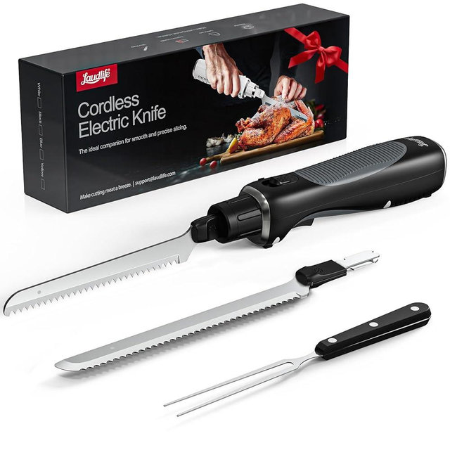 Electric Knife, Cordless Cutting Knife, Ergonomic Design with Comfortable Contoured Grip Rechargeable Easy-Slice Electric Carving Blade for Meat Slicing, Bread, Fillet, Turkey, Black
