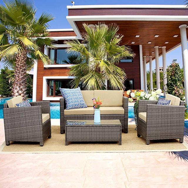 Outdoor Patio Furniture Set, 4pcs Rattan Wicker Sofa Garden Conversation Set Cushioned with Coffee Table For Yard