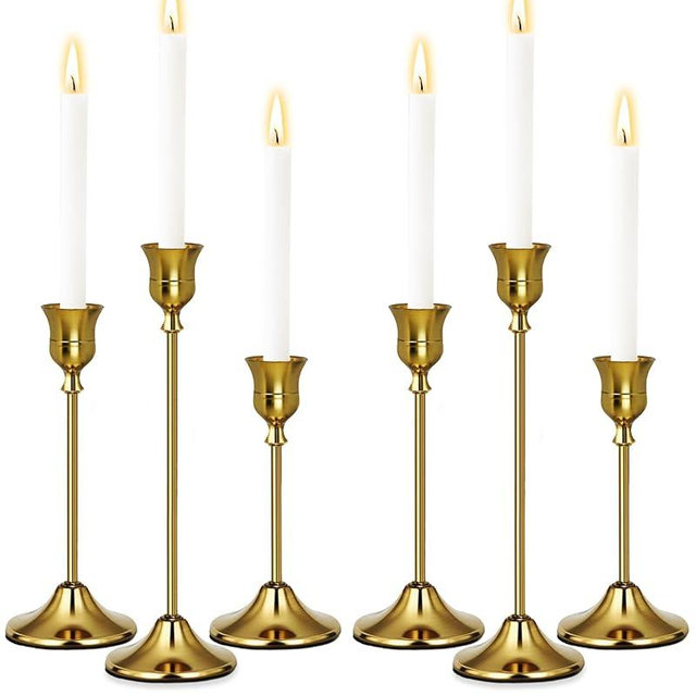Uzvoxhe Gold Candlestick Holders Set of 6, Weighted, Metal Taper Candle Stick Holders, Vintage Christmas Brass Home Decor for Table, Mantel, Room Decorations Housewarming Gift Gold-6