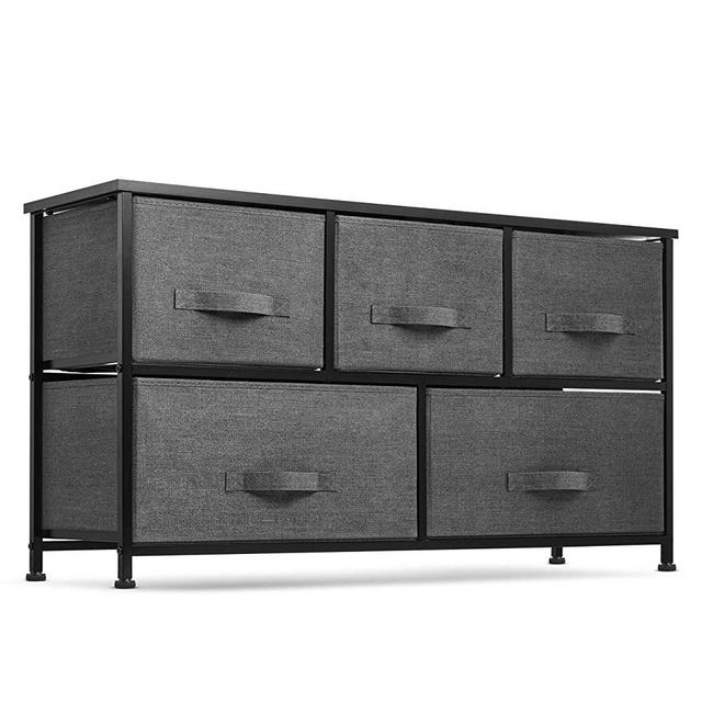 5 Drawer Dresser Organizer Fabric Storage Chest for Bedroom, Hallway, Entryway, Closets, Nurseries. Furniture Storage Tower Sturdy Steel Frame, Wood Top, Easy Pull Handle Textured Print Drawers