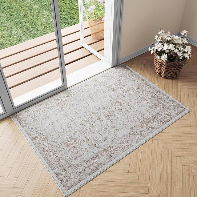 PureCozy Light Brown Area Rug 2x3 Entryway Rug Kitchen Vintage Living Room Carpet Indoor Bedroom Rug Washable Distressed Rug Floral Door Mat Retro Accent Throw Rug for Office Dining Room Bathroom
