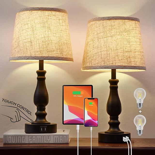 Table Lamps for Bedroom Set of 2, Bedside Lamps with USB Charging Ports, 3 Way Dimmable Touch Nightstand Lamps with Linen Fabric Lampshade, Modern Small Lamp for Bedrooms, Living Room (Bulbs Included)
