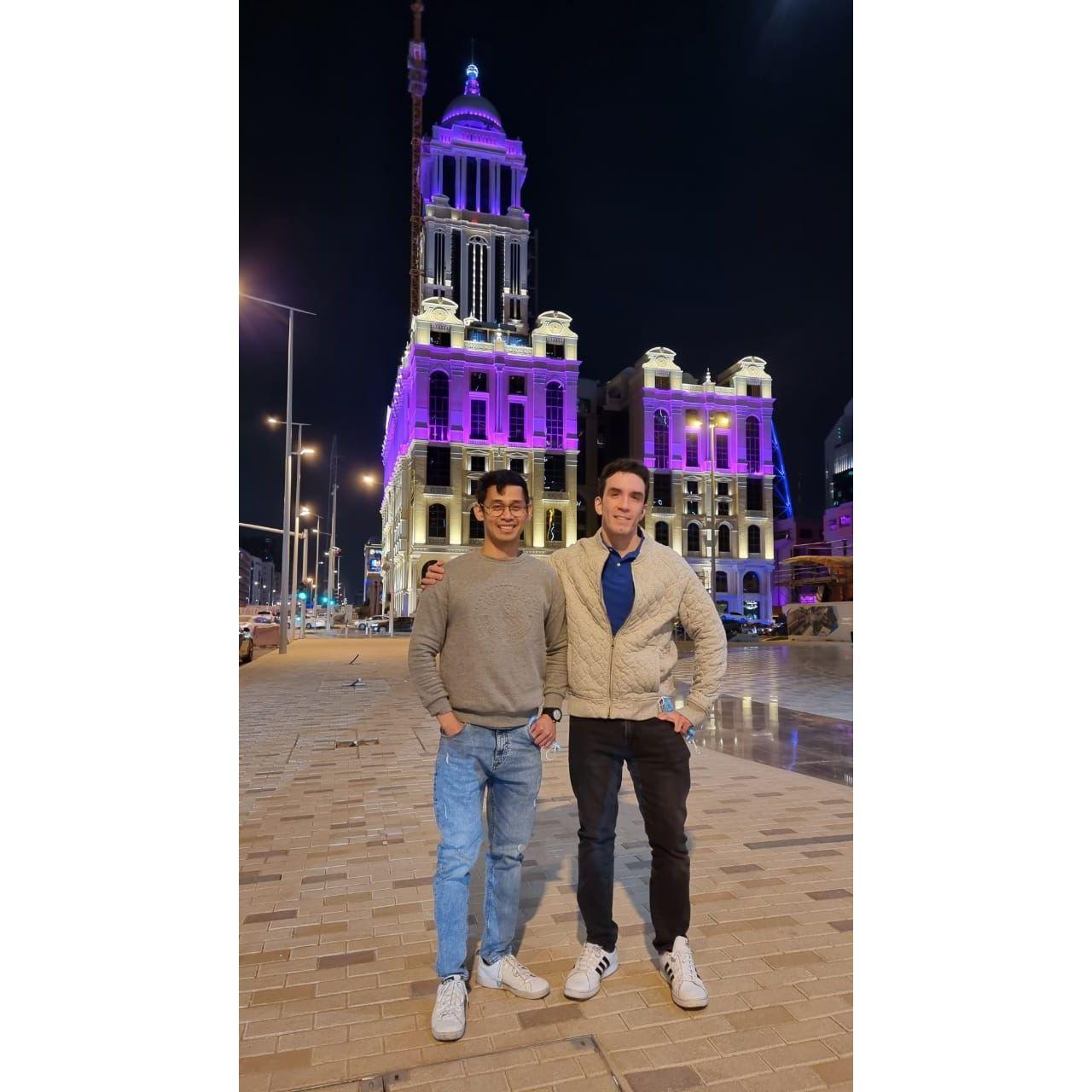 Us in front of the Narcissus Hotel in Saudi Arabia