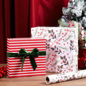 LaRibbons Reversible Christmas Wrapping Paper Roll, Vintage Red Berries & Red Stripe Gift Wrap for Christmas, Season Party, Xmas, 17 Inch x 33 Feet