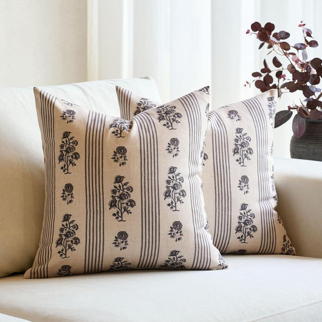 Amor Virisso Floral Throw Pillow Covers 18x18 Set of 2 Block Print Pillow Covers Neutral Floral Striped Farmhouse Decorative Pillow Covers for Sofa Couch Bed, Light Taupe